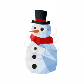 Illustration of funny origami snowman with joben and red scarf