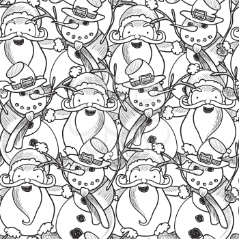 Illustration of seamless pattern with hand drawn Santa and Snowman