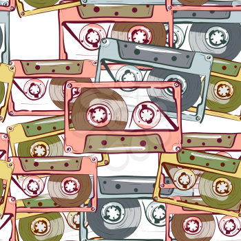 Illustration of seamless pattern with vintage audio cassette