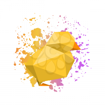 Illustration of abstract origami yellow chicken on watercolor dripping background