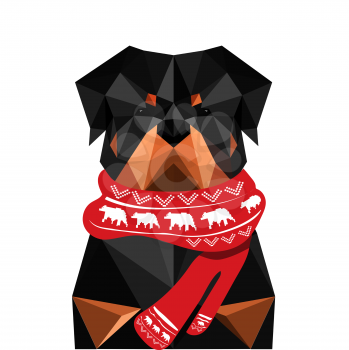 Illustration of origami rottweiler dog with christmas scarf isolated on white background