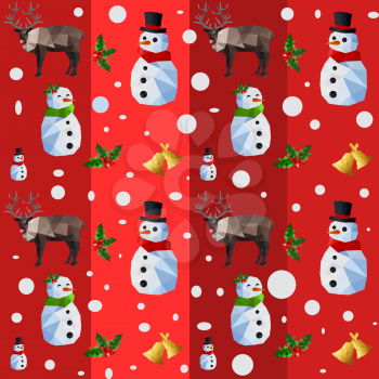 Christmas seamless pattern with origami snowman and reindeers on red background