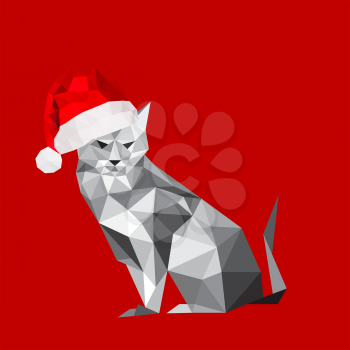 Illustration of origami cat with santa hat isolated on red background