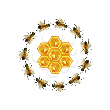 Modern origami illustration with a grup of bee and honeycomb isolated on white background