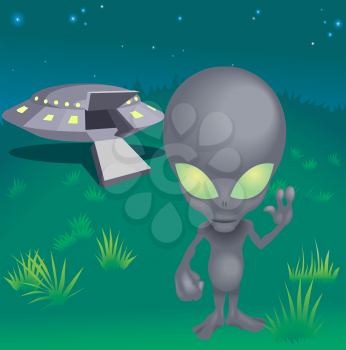 Royalty Free Clipart Image of an Alien and His Spaceship 