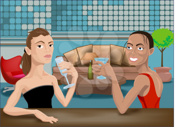 Royalty Free Clipart Image of Two Women Drinking at a Bar