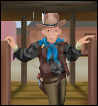 Royalty Free Clipart Image of a Cowboy Walking Through Swing Doors