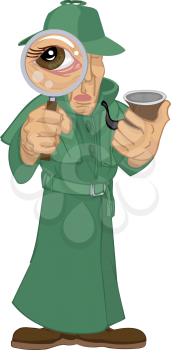Royalty Free Clipart Image of a Detective with a Pipe and Magnifying Glass