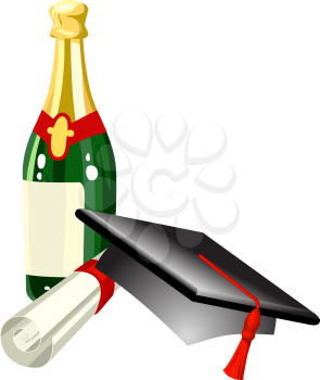 Graduation celebration related items; mitre cap, champagne and diploma, in vector file each is on a different layer for easy positioning 