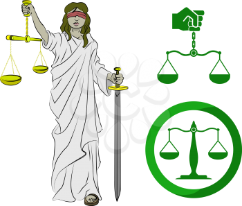 Royalty Free Clipart Image of a Lady Justice and Two Scales