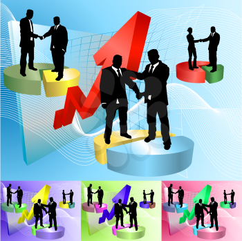 Royalty Free Clipart Image of Business Agreements and Pie Charts