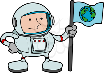 Royalty Free Clipart Image of an Astronaut Holding a Flag