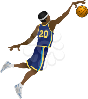 Royalty Free Clipart Image of a Basketball Player Jumping and Dunking a Basketball