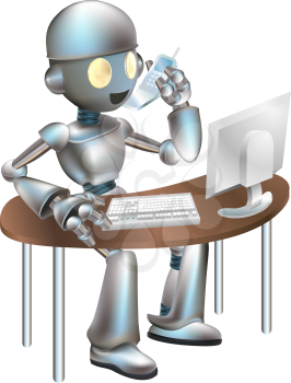 Royalty Free Clipart Image of a Robot Working at a Desk