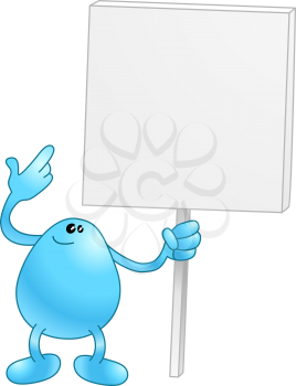 Royalty Free Clipart Image of a Blue Character Holding a Sign