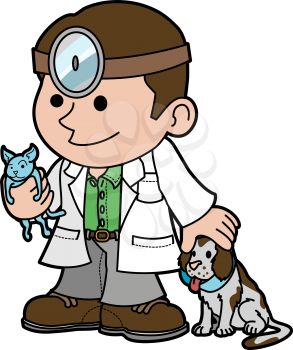 Royalty Free Clipart Image of a Veterinarian Holding a Kitten and Petting a Dog
