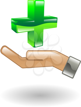 Royalty Free Clipart Image of of a Hand and Healthcare Pharmacy Symbol