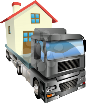 Royalty Free Clipart Image of a Truck Delivering a House