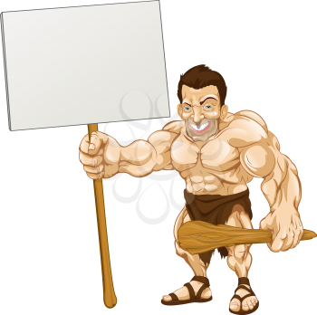 Royalty Free Clipart Image of a Caveman Holding a Sign