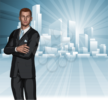 Royalty Free Clipart Image of a Businessman in Front of a City Skyline