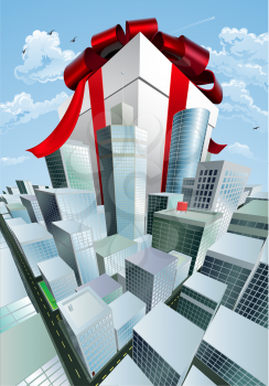 Royalty Free Clipart Image of a Huge Present in a City