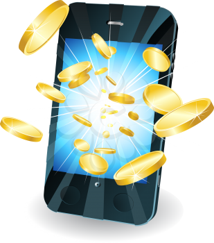 Royalty Free Clipart Image of Gold Coins Bursting from a Smartphone Screen