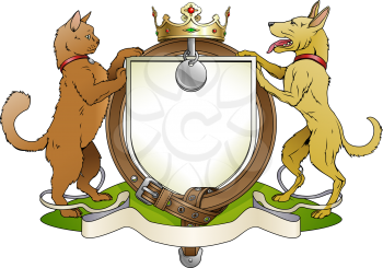 Royalty Free Clipart Image of a Cat and Dog Heraldic Shield Coat of Arms
