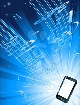 Royalty Free Clipart Image of Music Streaming Out of a Cellphone