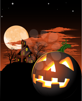 Royalty Free Clipart Image of a Haunted House and Pumpkin