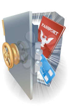 Royalty Free Clipart Image of a Passport and Credit Cards in a Safe