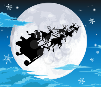 Royalty Free Clipart Image of Santa Flying His Sleigh