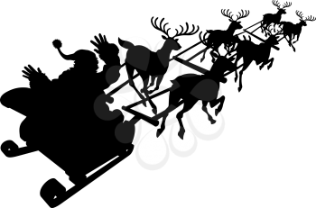 Royalty Free Clipart Image of a Silhouette of Santa in His Sleigh