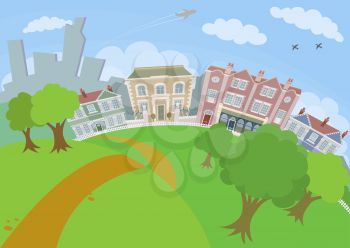 Royalty Free Clipart Image of an Urban Park and Building Scene