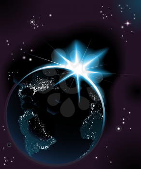 Royalty Free Clipart Image of a Sun Rising Over Earth