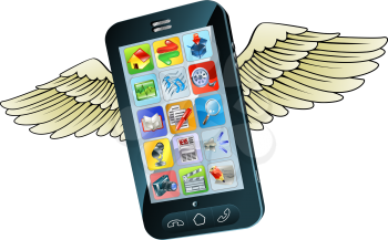 Royalty Free Clipart Image of a Smartphone With Wings