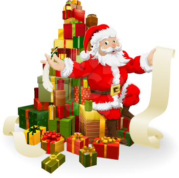 Royalty Free Clipart Image of a Santa With a List and Presents