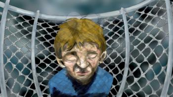 Royalty Free Clipart Image of a Sad Boy by a Schoolyard Fence