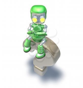 Royalty Free Clipart Image of a Robot Sitting on a Question Mark