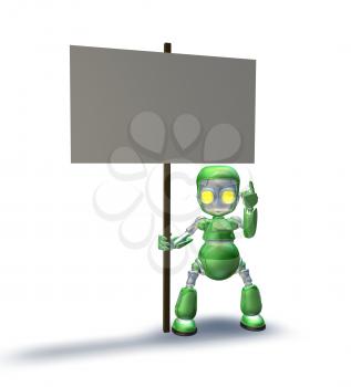Royalty Free Clipart Image of a Robot Holding a Sign