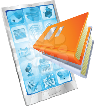 Book icon coming out of phone screen concept for ebooks, reader apps,  online database, elearning.