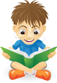 An illustration of a happy small boy smiling and reading a book