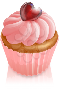 Pink fairy cake cupcake illustration with heart shaped decoration and pink icing