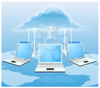 A conceptual cloud computing illustration. Laptops connected to the cloud with a world map in the background.