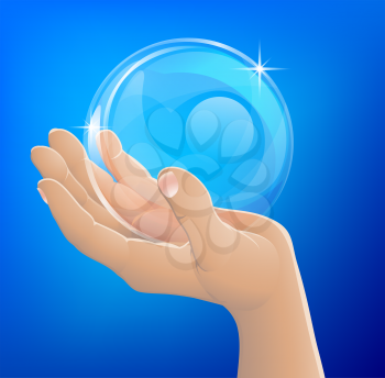 An illustration of a hand holding a bubble or crystal ball