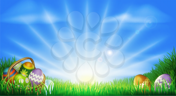 Easter background with decorated Easter eggs and Easter eggs in basket in a sunny field