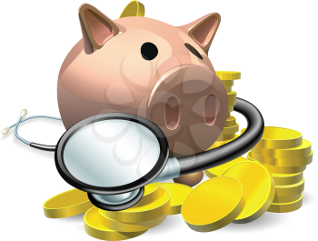 Financial health check concept. A piggy bank with coins and stethoscope wrapped round it.