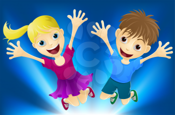 Illustration of a happy boy and girl jumping for joy