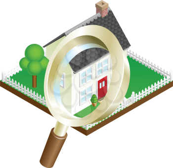 Magnifying glass zooming on house or house search concept illustration