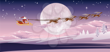 Santa's sled flying through the air in front of the moon.