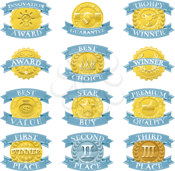 Set of gold and blue award medals or badges like those used for internet product or consumer reviews or tests or for product descriptions